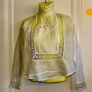 Antique thin white cotton lawn high neck long sleeve blouse with lace & pleats